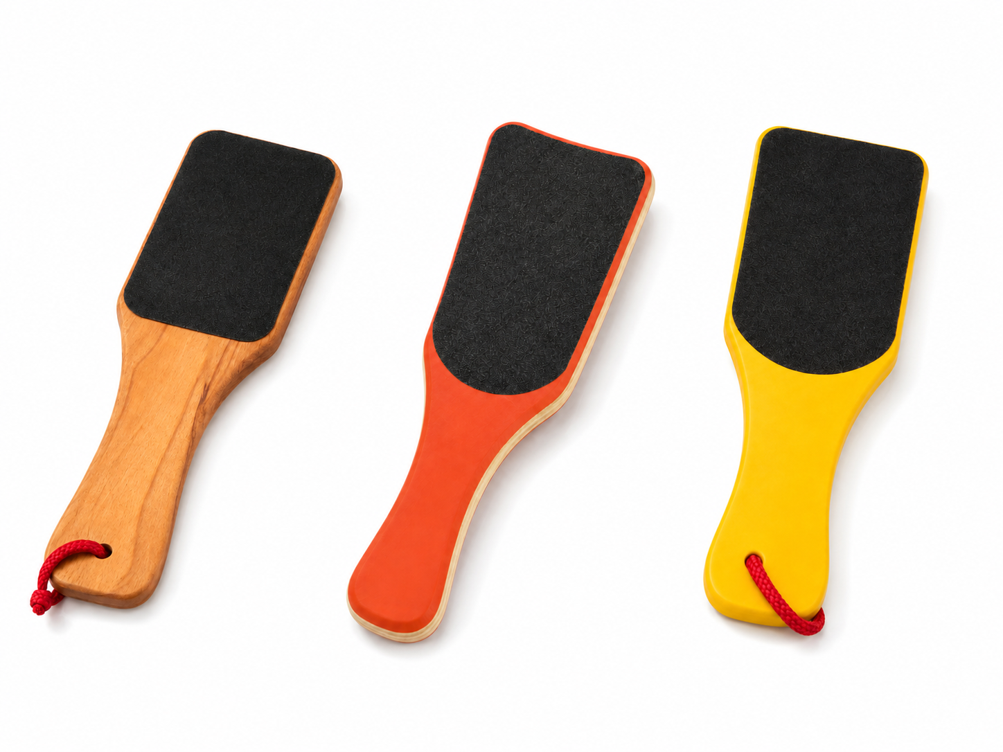 Foot care paddles including beechwood foot buffer, flat heel buffer, and Heel Halo paddle